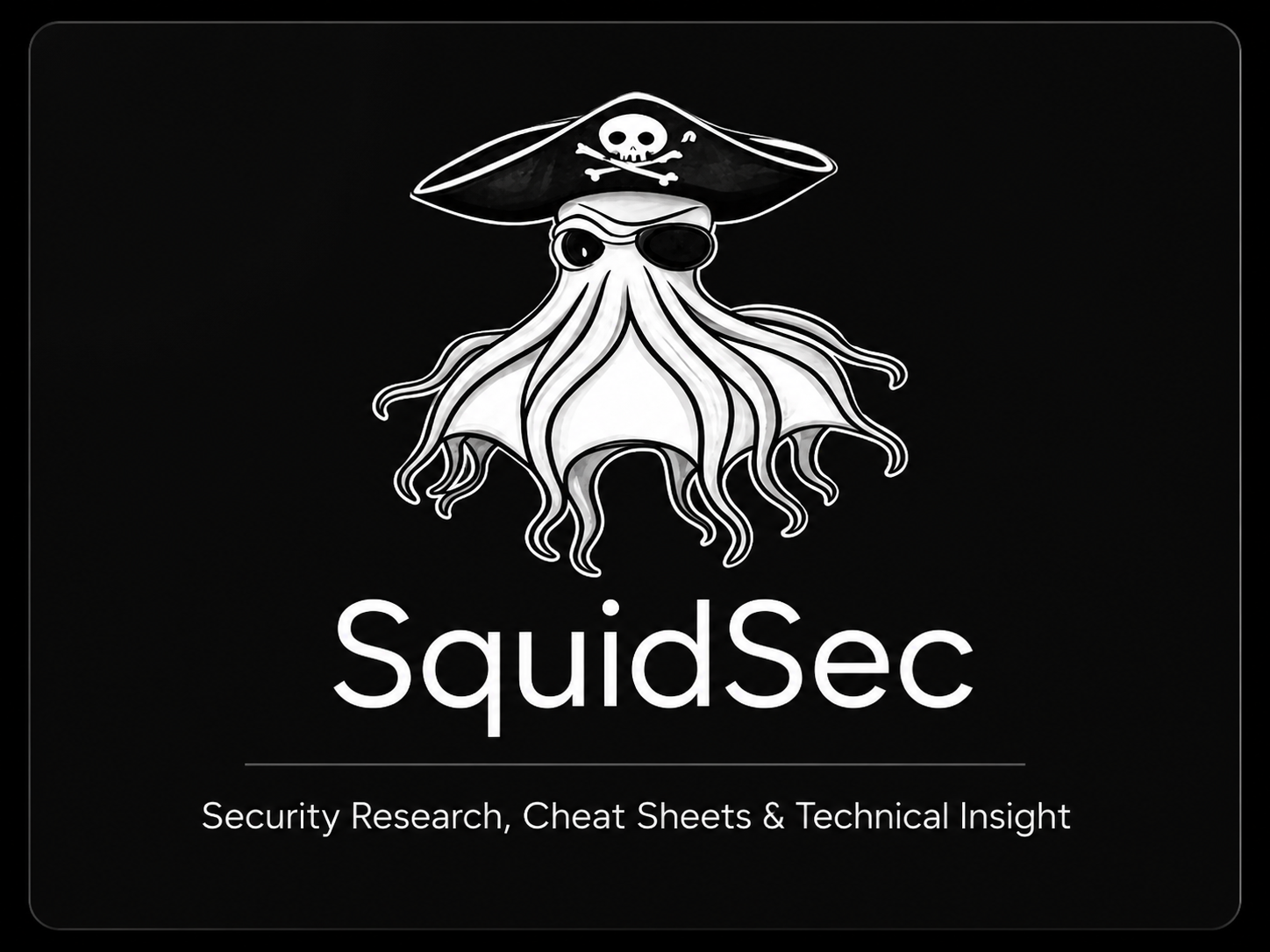 Logo of SquidSec featuring a cartoon squid wearing a pirate hat and sunglasses, with the text 'SquidSec' and the tagline 'Security Research, Cheat Sheets & Technical Insight' below it.