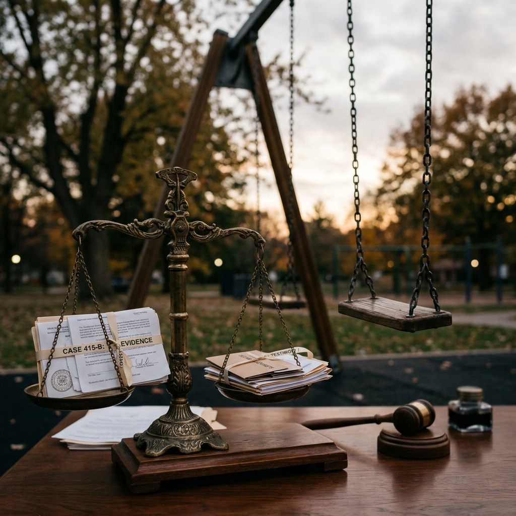 Antique justice scale with evidence folders on a wooden table near empty playground swings