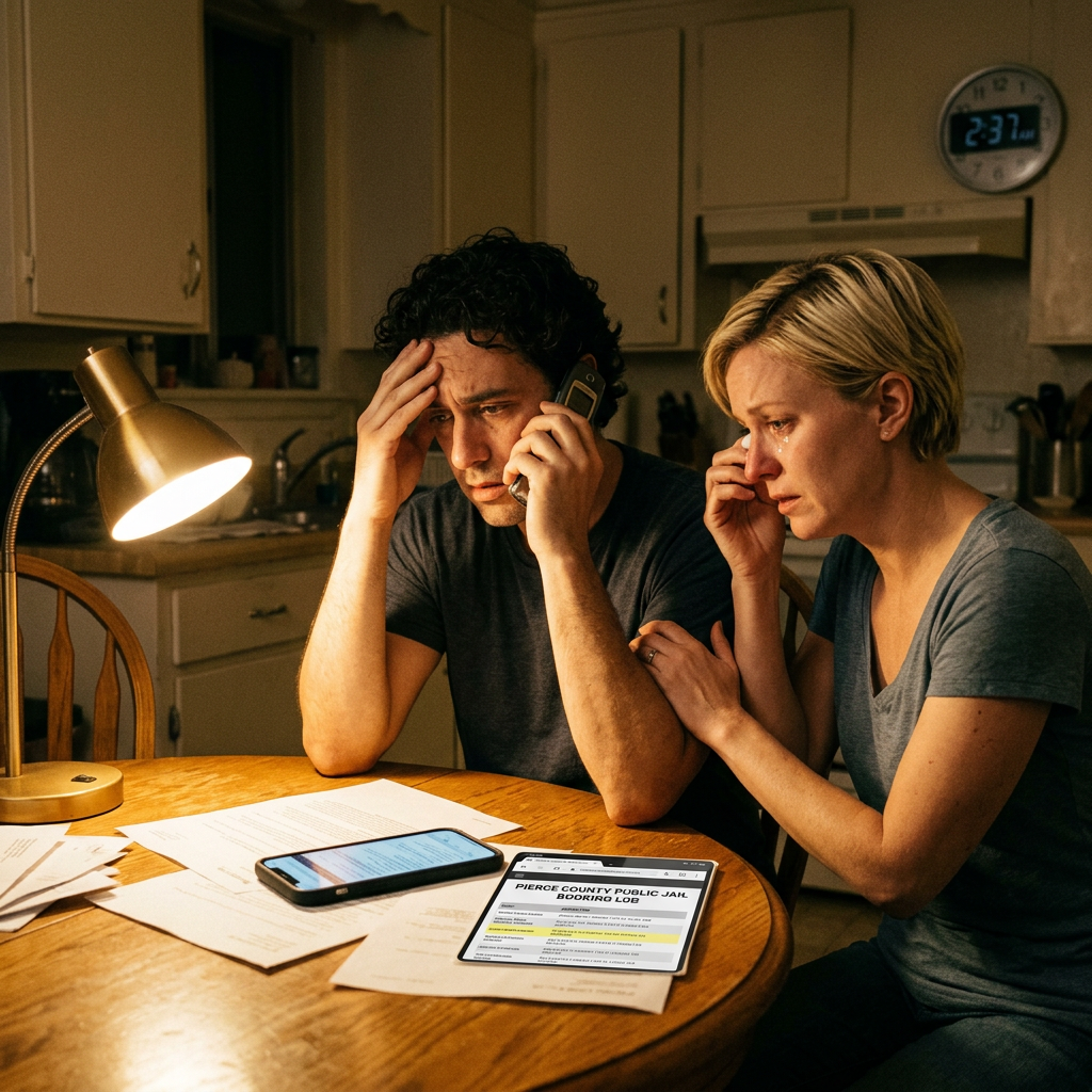 Distressed couple reviewing paperwork and a tablet labeled Pierce County Public Jail Booking Log