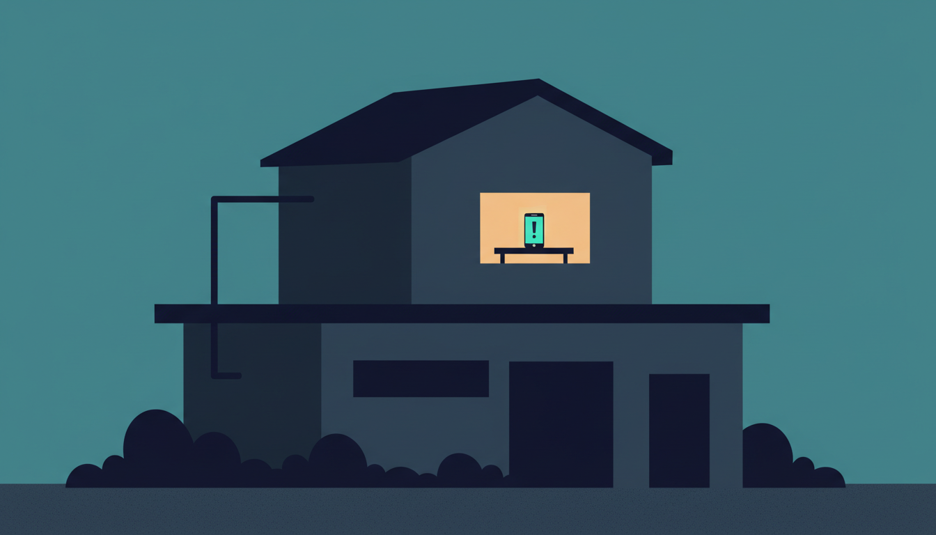 Illustration of a house at dusk with one lit window and a glowing phone, representing a threatening utility shutoff call