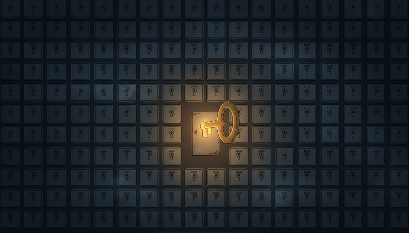 A glowing brass master key entering one of hundreds of identical small doors