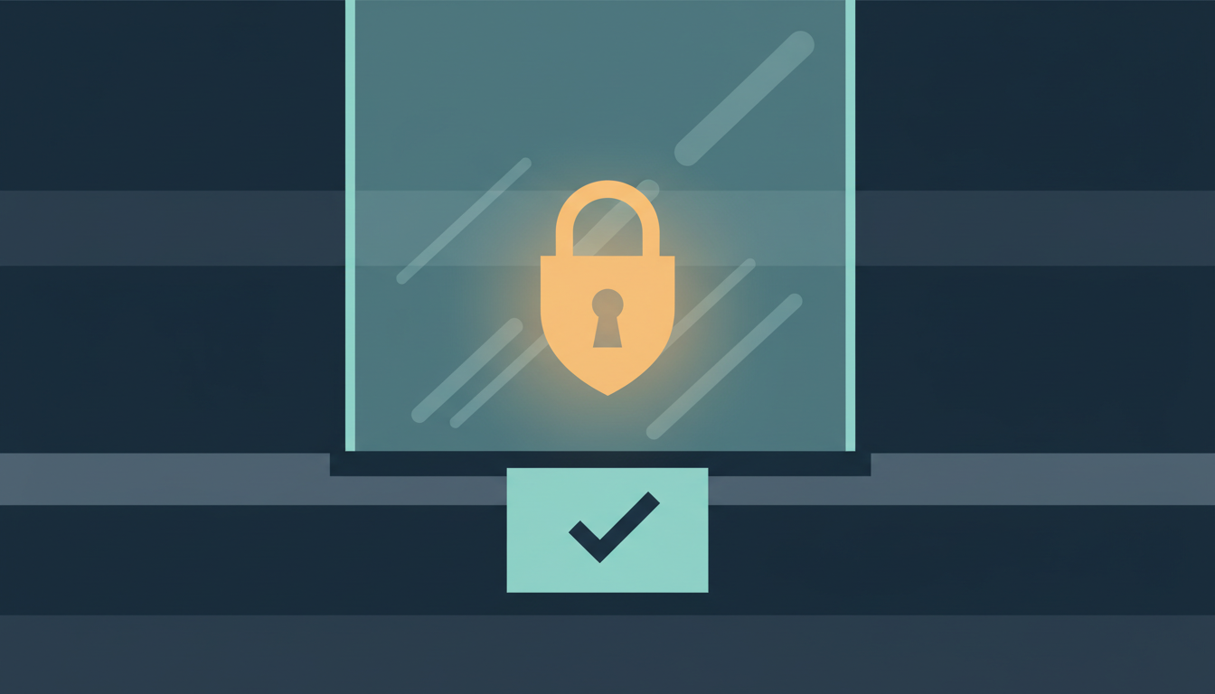 Flat illustration of a closed bank teller window with an amber padlock and a document passing beneath it, in navy, charcoal and teal tones